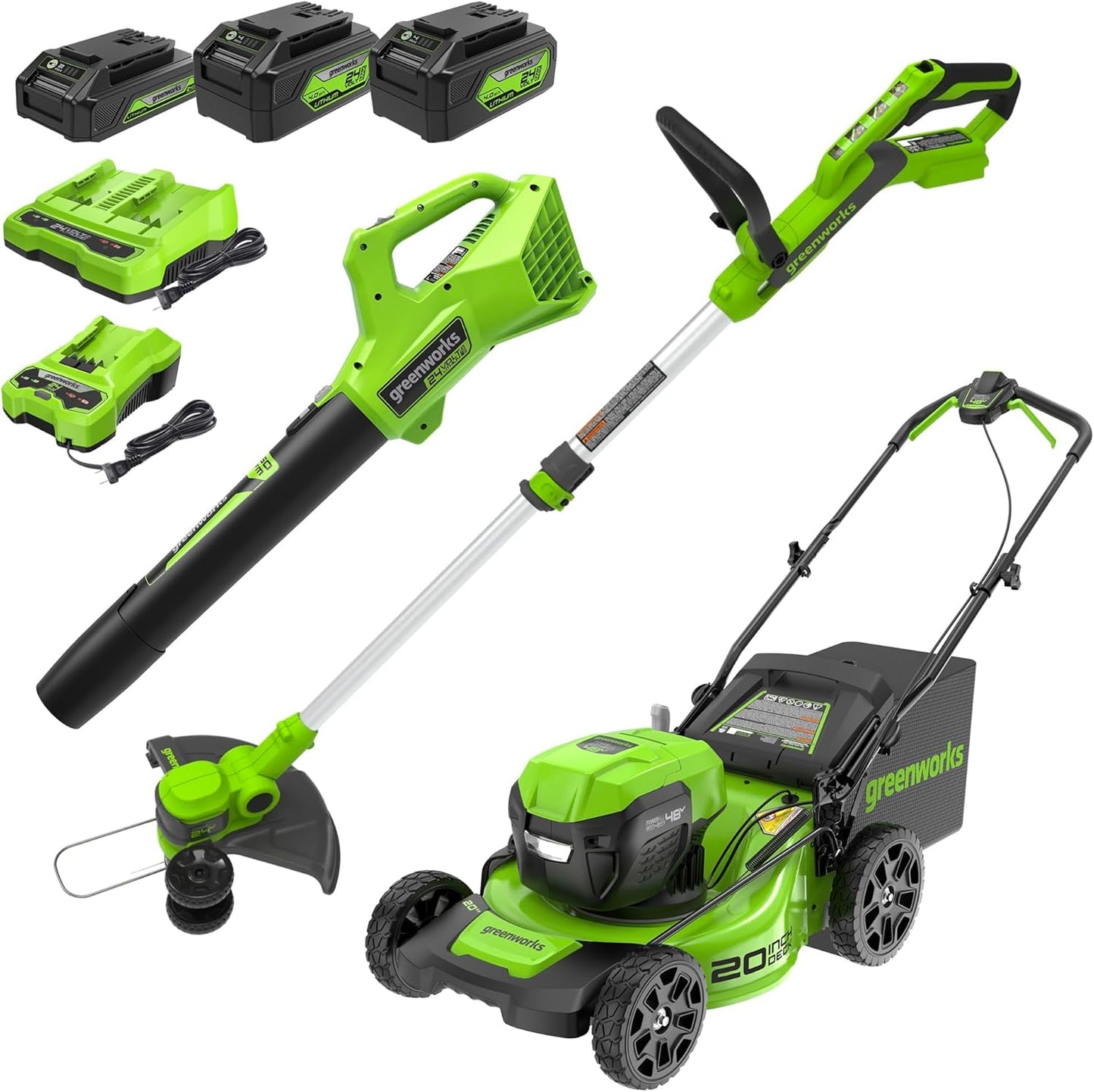 Greenworks 48V (24V x 2) 20" Cordless Battery Mower, 12" String Trimmer/Edger, &amp; 320 CFM Blower Combo Kit w/ (2) 4.0Ah Batteries, (1) 2.0Ah Battery &amp; Chargers