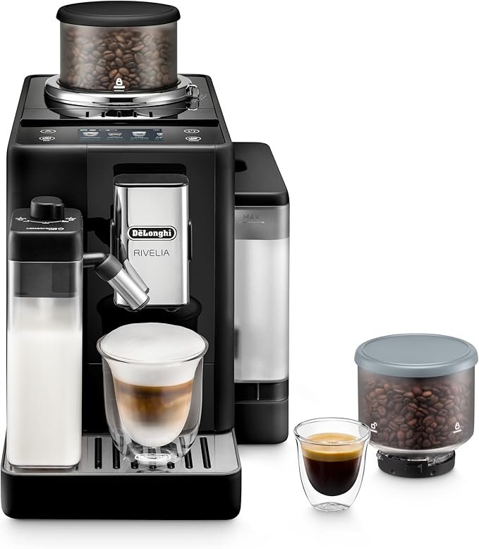 De’Longhi Rivelia Automatic Espresso Machine with Grinder &amp; Milk Frother – All-in-One Coffee Maker, Hot &amp; Iced Latte, Cappuccino, Bean Switch System, Burr Grinder, Compact Italian Design, Black