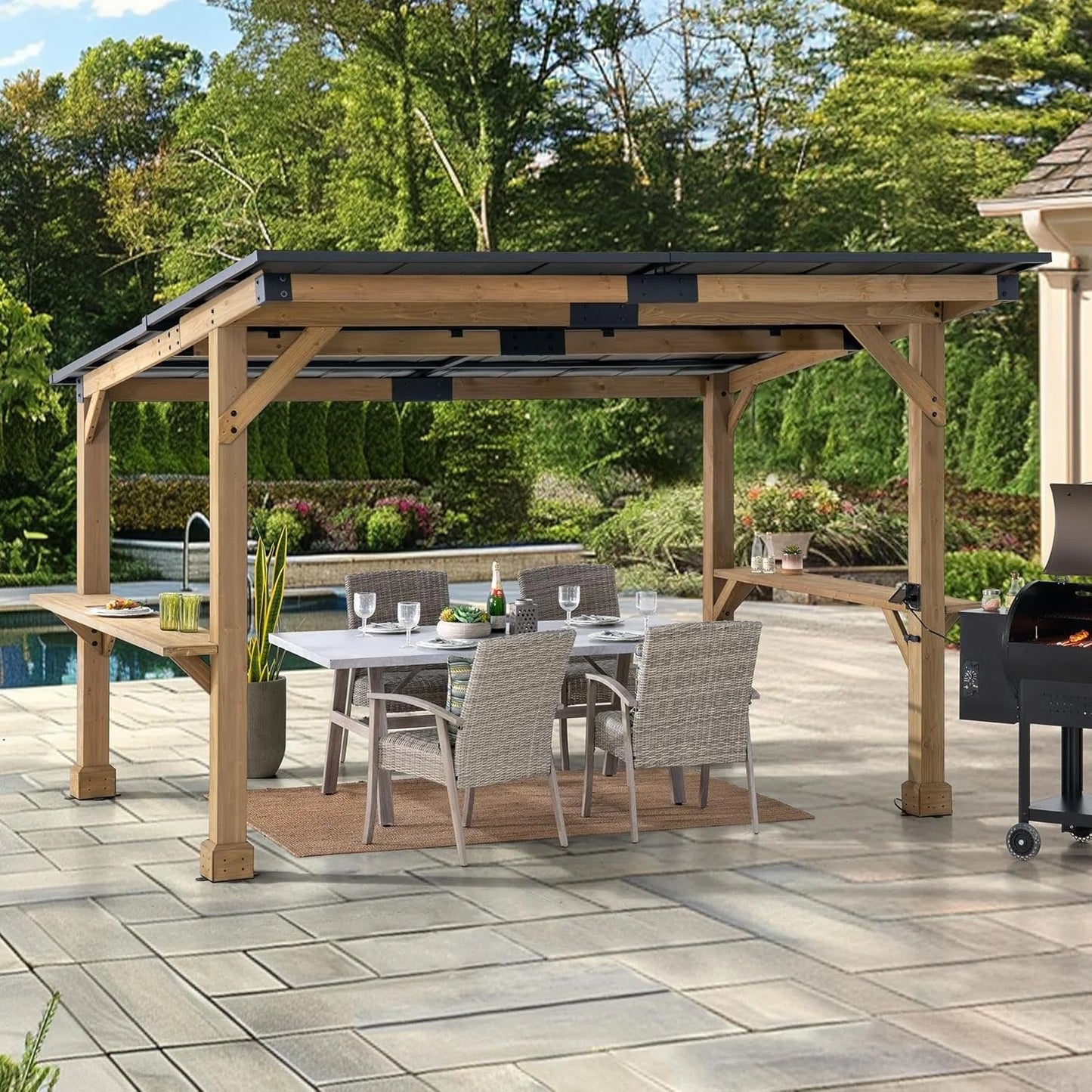 SUNJOY 10 ft. x 12 ft. Matte Black Cedar Framed Wooden Gazebo